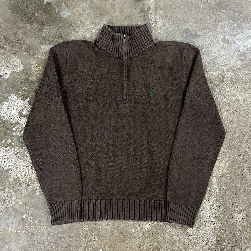 Vintage 90s Polo Ralph Lauren 1/4 Zip Sweater Size Small Brown Fleece Pullover